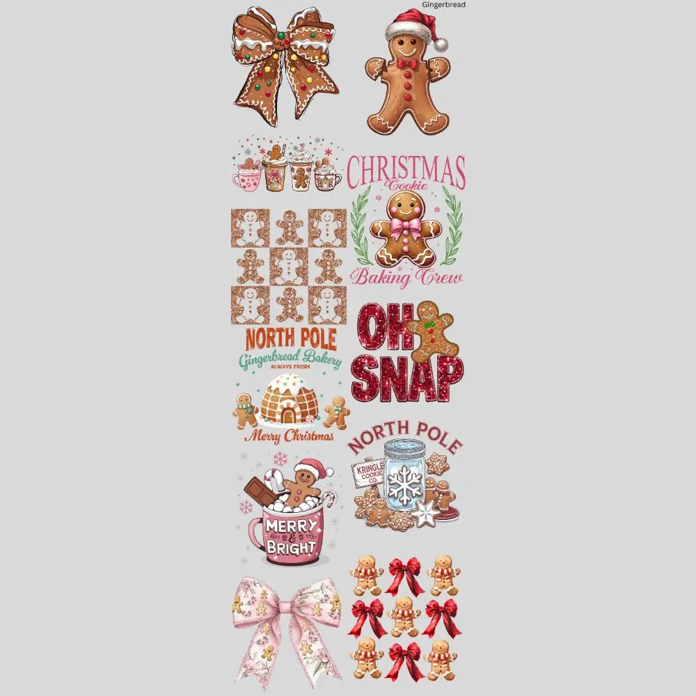 Gingerbread DTF Transfer Gang Sheet 24.5" wide x 72" long. Direct To Film