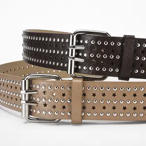 Leather Trendy Buckle Rivet Belt Punk Style for Men & Women Fashion All-Match Accessory for Daily Outfits Stylish Exquisite Belt with Star Cutouts