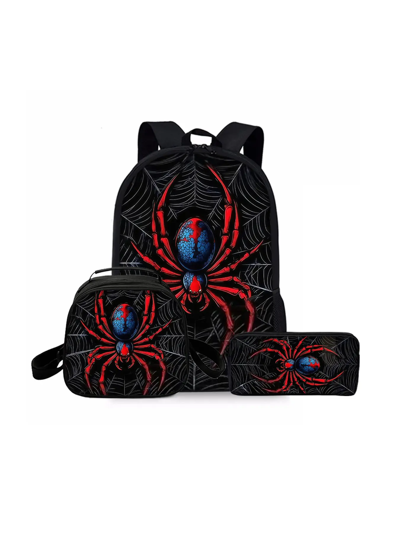 Spider pattern printed 17-inch travel backpack three-piece set Backpack Combo Casual printed backpack (single-layer backpack + round lunch bag with shoulder strap + single-layer pencil case)
