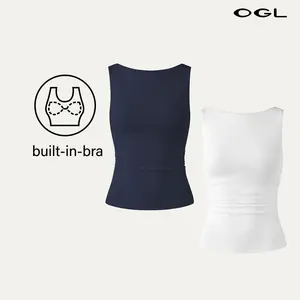 OGL 2Pcs Set Elastic Open Back Brami Tank Tops for Women Sleeveless Basic Minimalist Fashion Top with Built-in-Bra for Everyday Wear Casual Check Twist White/Dusk Blue SpringStatements