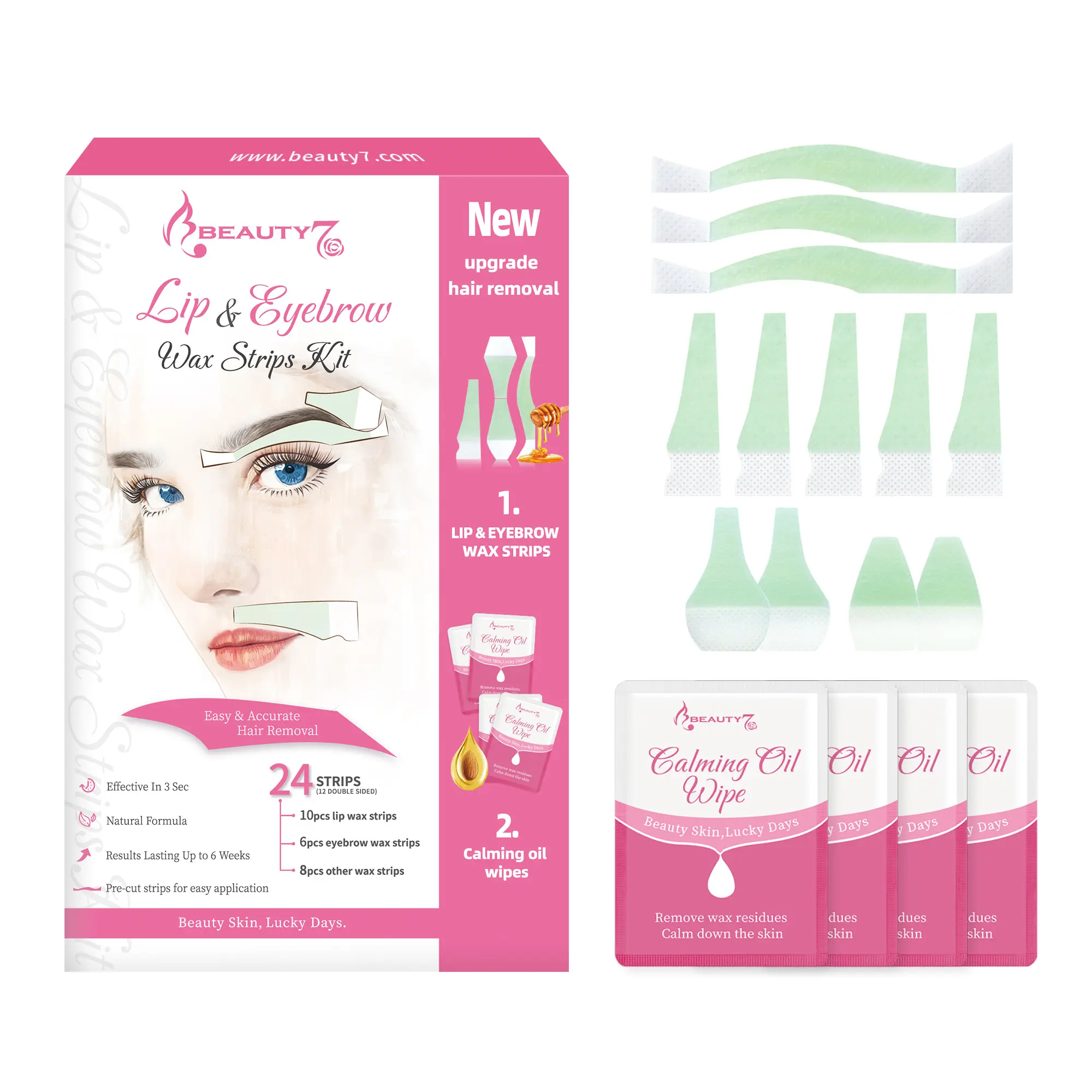 Beauty7 Facial Hair Removal Eyebrow Wax Strips Kit Lip Wax Strips- 24 pcs Eyebrow and Lip Wax Strips+ 4 Soothing Oil Wipes for Eyebrow Waxing Ideal for All Skin Types for Women