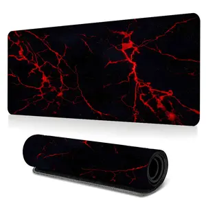 Red lightning large-sized gaming mouse pad, black marble desktop protection pad, Desk accessories, anti-slip rubber lock edge high-definition printing, suitable for computers, laptops, offices, homes, as a gift for family and friends