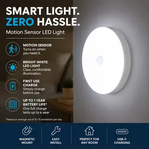 Small Round Night Light, Motion Sensor Wall Lamp, Cold Light, USB Rechargeable, Ideal for Bedroom, Hallway, Living Room, Stairs