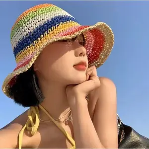 Summer woven sun hat, beach sun protection hat for women, fresh style for traveling and vacation, breathable, foldable bucket hat, rainbow handmade straw hat