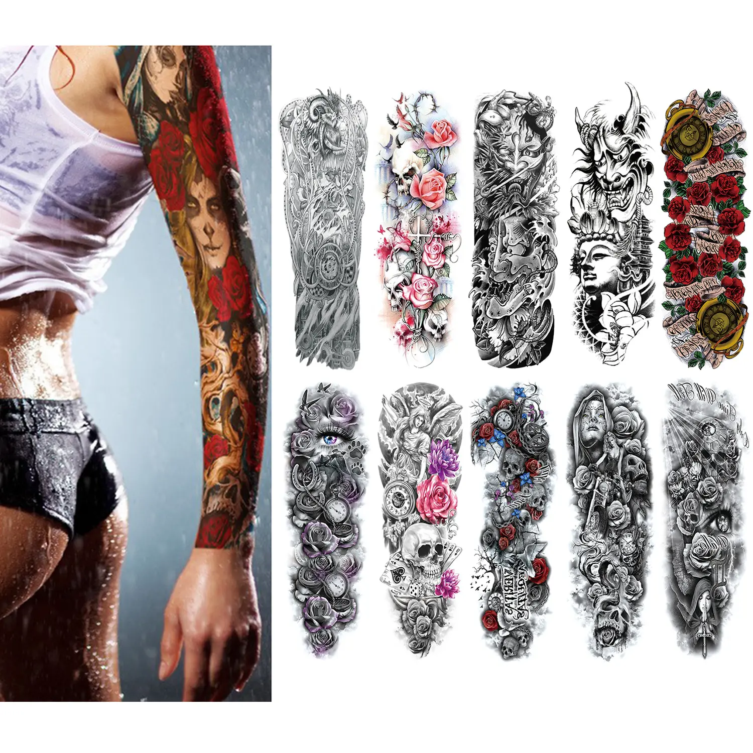 Fake Tattoos Stickers - 10 Large Full-Arm Ink-Based Tattoo Art Sheets, Waterproof for Pool Days, Floral Skulls Designs, for Adults