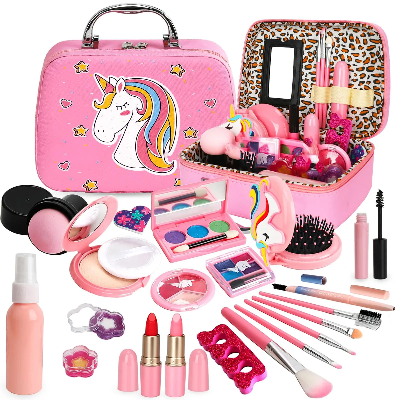 Children's makeup set, a washable pretend playset role-playing toy set that includes powder compact, makeup sponge, lipstick, eyeshadow, makeup brush, blush, comb, plastic mirror, and more. Perfect as a birthday or Christmas gift for children ages 3–12.