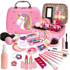 Colorful Kids Makeup Set, Portable Role Play Toy, 23-Piece Kit Includes Powder Puff, Lipstick, Eyeshadow, Brush, Blush, Mirror, Comb