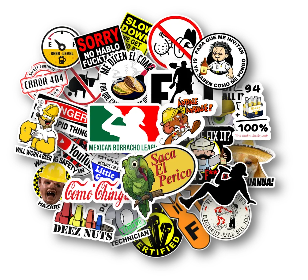 30 funny Mexican-themed parody decals for hard hats, tool boxes, and tumblers—durable vinyl, ships fast.