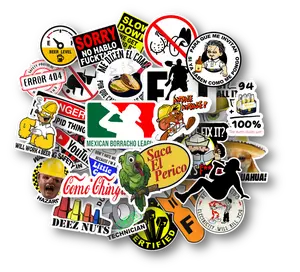 30 funny Mexican-themed parody decals for hard hats, tool boxes, and tumblers—durable vinyl, ships fast.