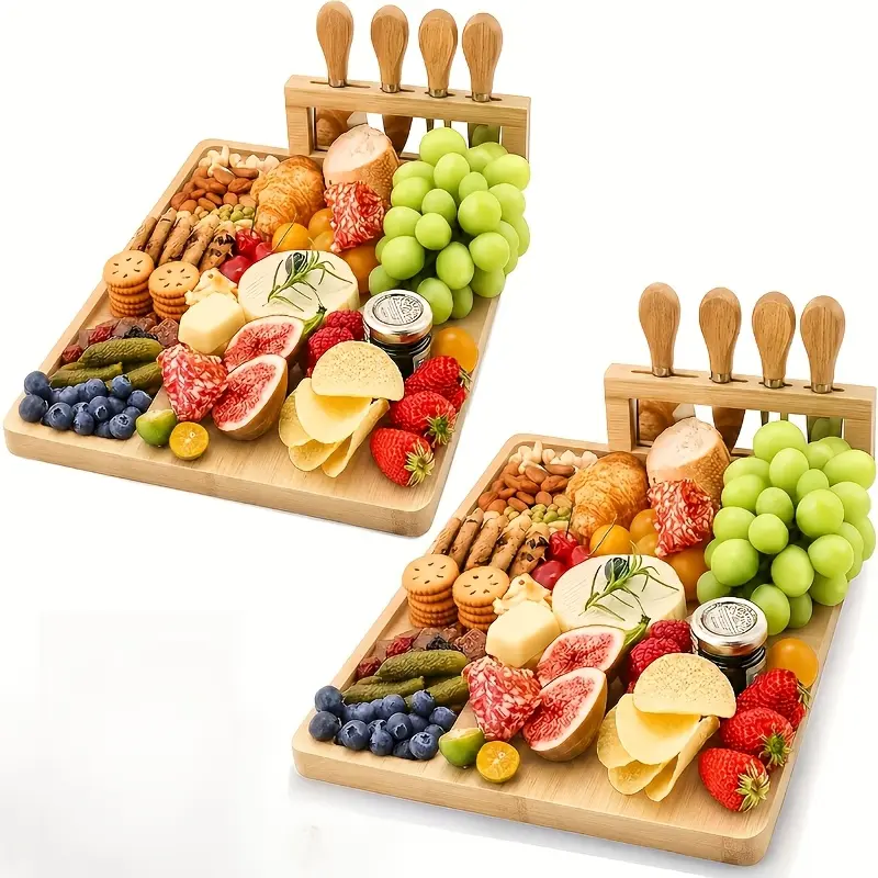 LDQ Wood Cheese Board Set-Charcuterie Sets, Cheese Tray, Appetizer Board And Meat Platter with 4 304Stainless Steel Cheese Knives, Easy to Carry, Perfect for Wedding Gifts, Christmas Birthday Parties, Halloween Gifts