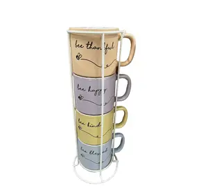 Ceramic Coffee Mug Set - 4 Pc Stackable 14oz Multi-Color with Metal Counter Top Stand, Tower Mug Set