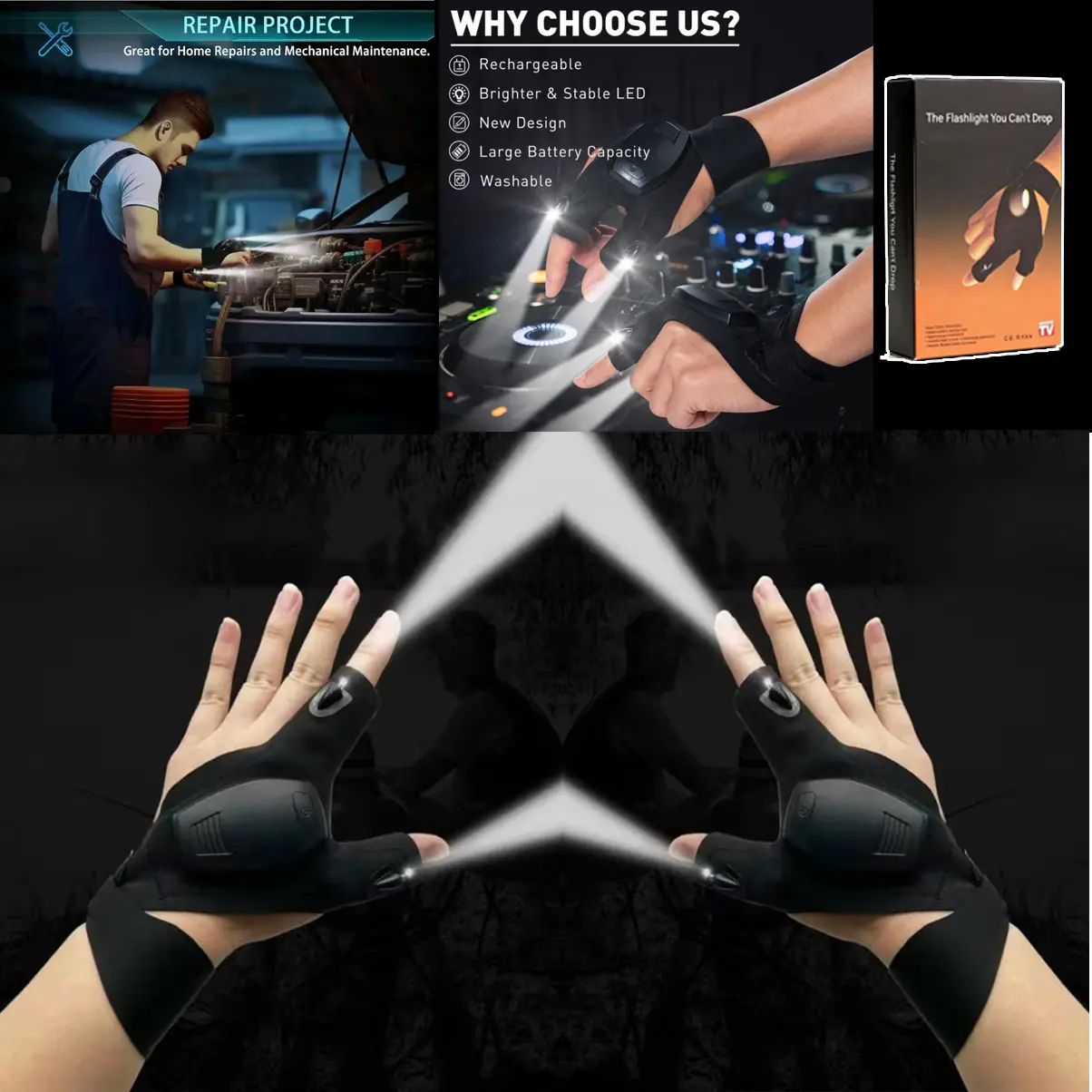 2pcs USB Rechargeable LED Flashlight Gloves - With Charging Cable for Night Work and Camping - Elastic Fabric, Comfortable Fit, Unique Flashlight Design