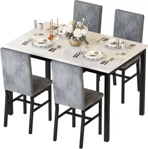 Hooseng 4-Piece Faux Marble Dining Table Set | 1 Table + 4 Gray Velvet/PU Leather Upholstered Chairs with Diamond Stitching | Sturdy Black Metal Frame | Easy Assembly & All Tools Included | Modern Kitchen & Small Dining Room Furniture for 4