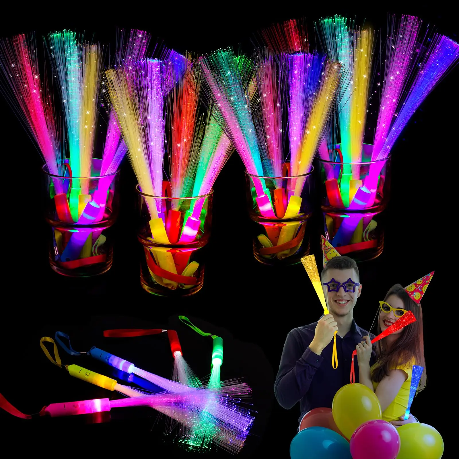 Durable Lightweight Colorful Plastic Fiber Optic Sticks (36 Count) - Multi-Color, 3 Light Modes - Party Favors, Party Gifts for Halloween, Happy Birthday Events