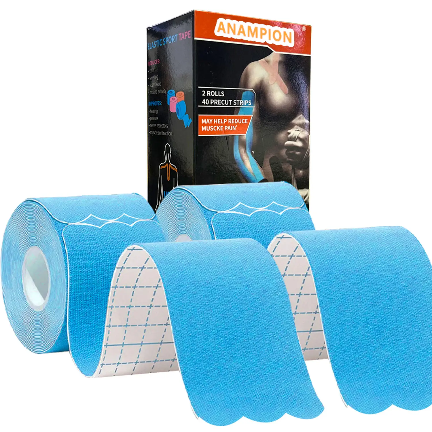Precut Kinesiology Tape 2 Pack Blue - Waterproof Muscle Support Tape for Shoulder, Knee & Joint Pain Relief - Hypoallergenic Cotton Elastic K Tape for Athletes