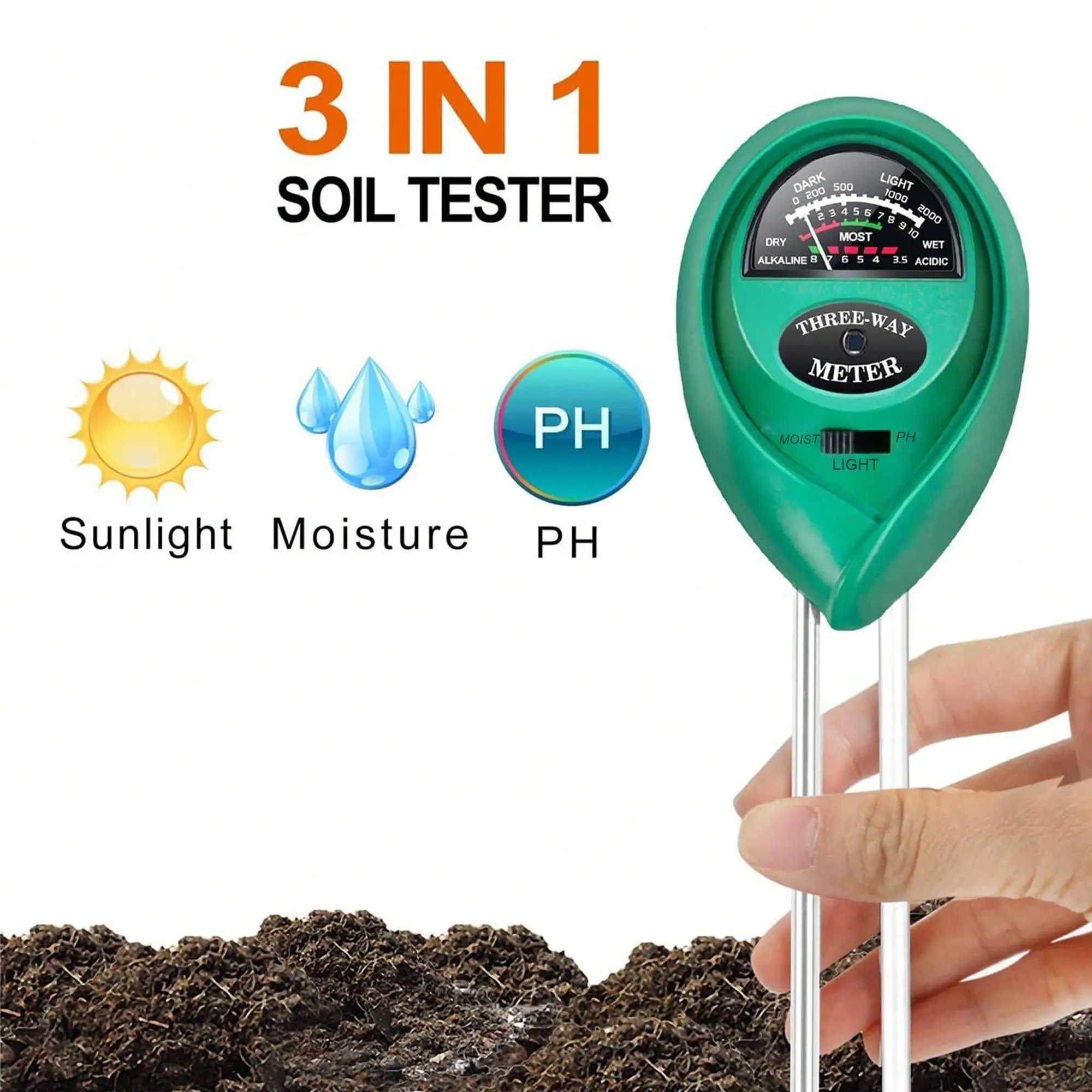 3 In 1 Soil PH Meter for Garden, 1 Count Soil Moisture & Light & PH Test Meter, High Precision Soil PH Moisture Meter with Sunlight Distance Measuring