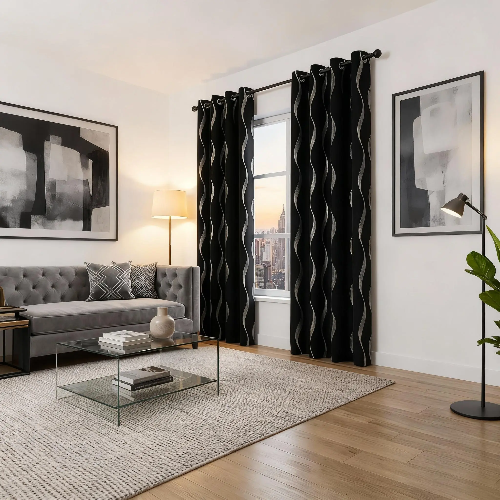 2PCS Wave Print Blackout Curtains, Suitable For Bedroom Living Room With Silvery Hot Stamping Wave Pattern Room, Used For Dark Heat-insulating Hole-protecting Curtains, Curtains