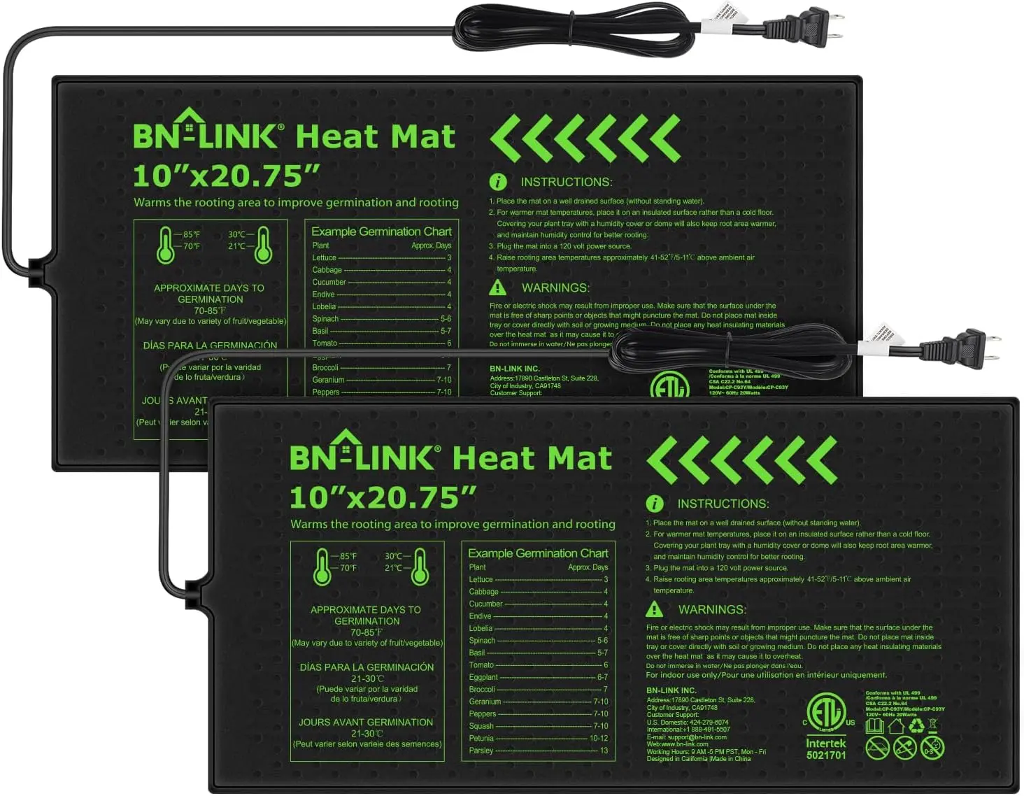 BN-LINK Durable Rectangle Seedling Heat Mat 2-Pack (10" x 20.75") - Waterproof PVC Plant Heating Pad with Power Cord, Seed Germination Kit, Indoor Growing, ETL Listed