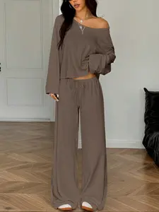 Women's 2-Piece Pajama Set, Elegant Plain Long Sleeve Top & Pants, Warm Sleepwear for Fall Winter, Casual Home Wear