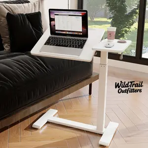 Height Adjustable Overbed Table with Pneumatic Lift & Wheels, Tilting Split Top Tray, Rolling Laptop Desk for Bedside Reading, Computer Work and Home Office Study