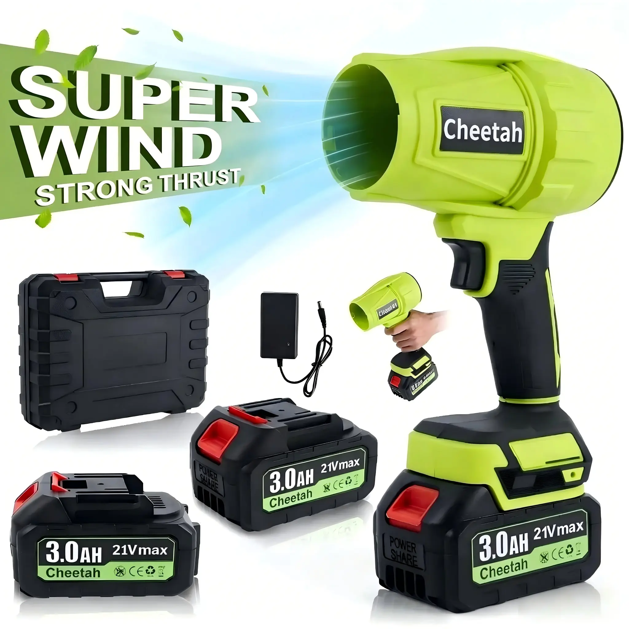 Cheetah Handheld Cordless Battery Leaf Blower, 21Vmax Brushless Motor, 2 x 3000mAh Batteries, Turbosfan, 1500G Strong Thrust for Car Drying, Leaf Cleaning & Snow Removal