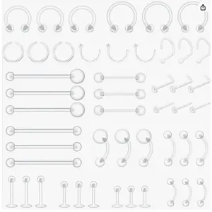 48-Piece Clear Piercing Retainer Set, Multi-Style & Multi-Size Invisible Piercing Jewelry for Lips, Noses, Cartilage & Tongue, Discreet Transparent Studs & Rings for Work & School