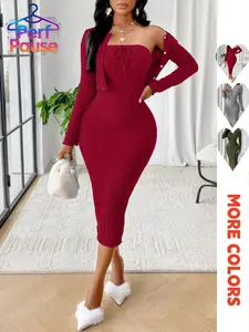 Women's Casual Solid Color Faux Fur Dress Set, Slim Fit Long Sleeve Top & Short Jacket Two-Piece, Perfect for Daily Wear