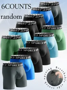 6 pcs random men's solid color daily long style boxer briefs, Underwear, Sportswear, Leisure and versatile, Soft and comfortable elastic fabric, Close fitting without restraint, Suitable for sports and fitness, outdoor travel, Stretchy Underwear