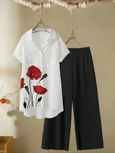 Women's Plus Size Boho Ethnic Style Loose Fit Embroidered Shirt & Long Pants Set, Casual Vintage Floral for Daily Wear