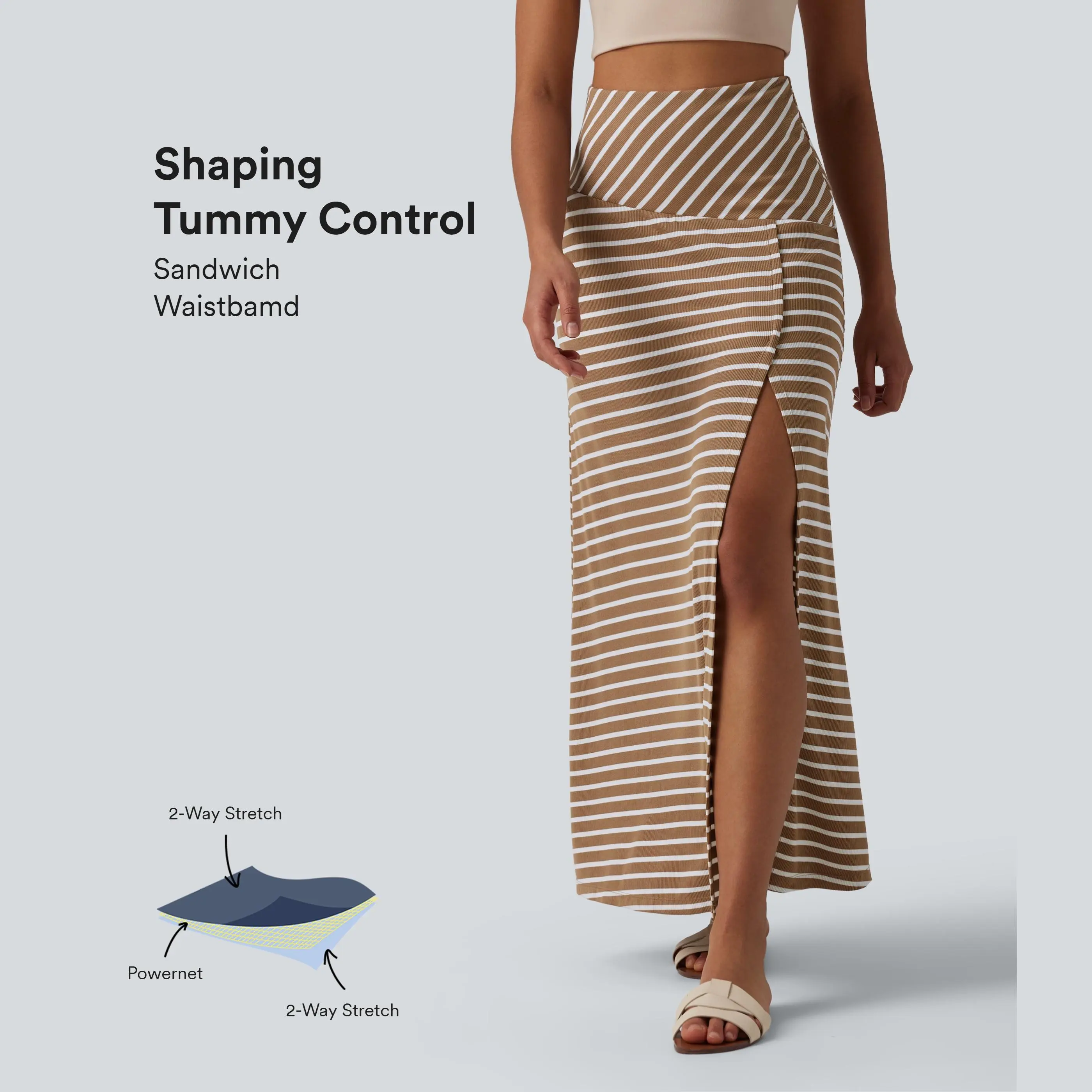 Halara Ribbed Knit High Waisted Tummy Control Stripe Maxi Casual Skirt with Pocket