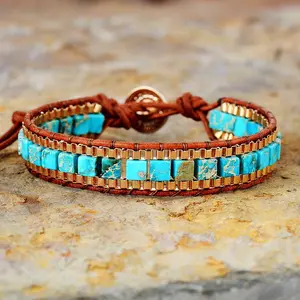 Natural Turquoise Gemstone Crystal Handmade Vegan Leather Bracelet, Vintage Style December Birthstone Women Men Bracelet, Christmas Birthday gift