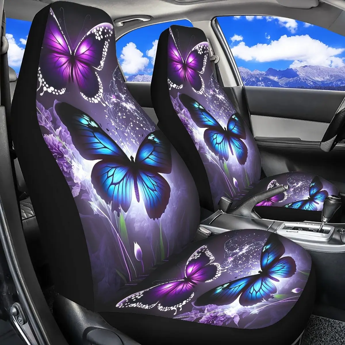2 Front Car Interior Seat Covers, Universal Fit, High Back, Digital Print Butterfly Pattern, Polyester Material, All Seasons Use, Cute Car Seat Covers