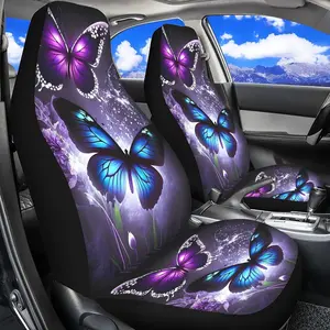 2 Front Car Interior Seat Covers, Universal Fit, High Back, Digital Print Butterfly Pattern, Polyester Material, All Seasons Use, Cute Car Seat Covers