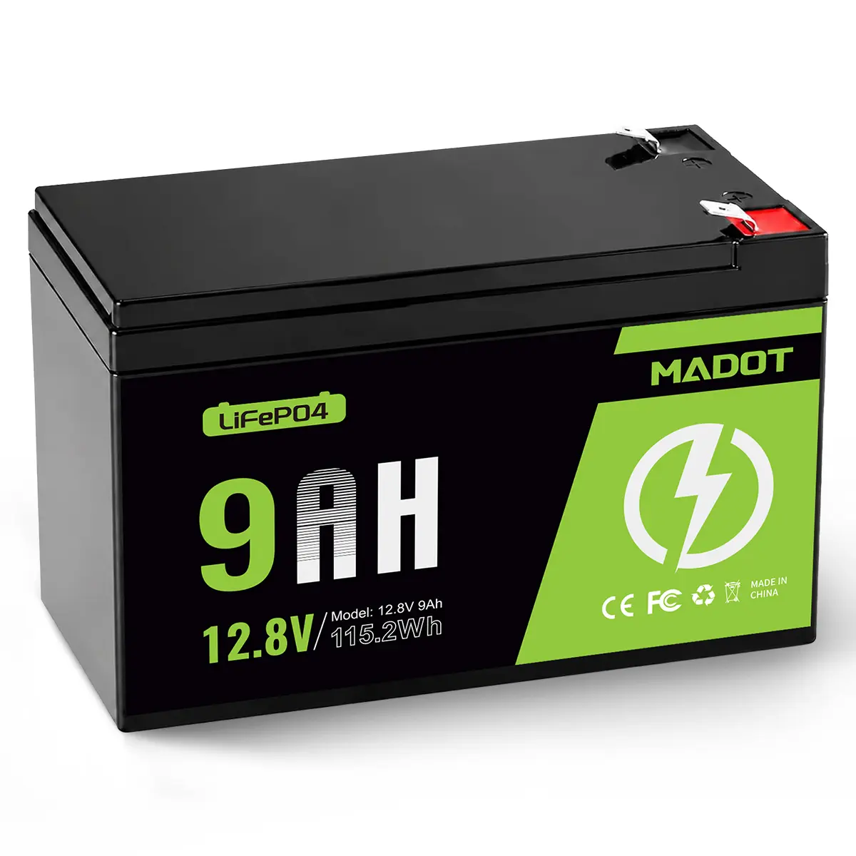 MADOT 12V 9Ah Lithium LiFePO4 Battery with BMS, 2000+ Deep Cycle Rechargeable Batteries with LiFePO4 Cells for Alarm System, Ride on Toys, UPS, Alarm Users