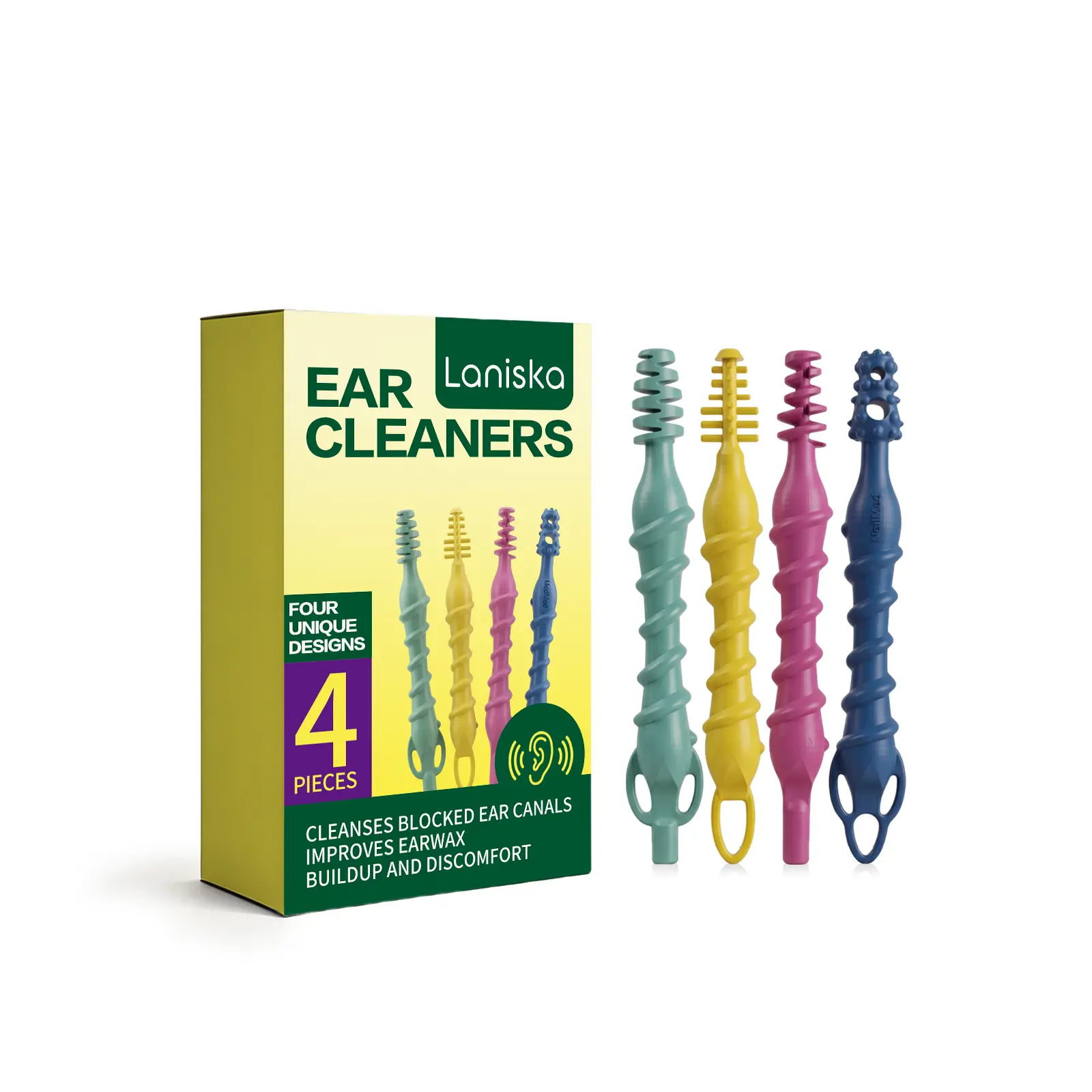 4 Pack WaxOut Ear Cleaning Tool, Silicone Ear Wax Remover Tools, Soft Spiral Ear Cleaners for Home Daily Ear Canal Care, Clear Earwax