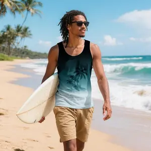 Gradient-colored palm tree pattern men's tank top | Hawaiian beach sleeveless shirt | Surfing fitness tank top