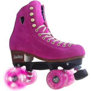 JajaHoho Fuchsia Quad Roller Skates for Women Girls, High Top Suede Nubuck Genuine Leather, Reinforced Nylon Fiber Thrust Plate, Shiny Double-Row Motion-Activated LED Light Up Wheels, Indoor Outdoor