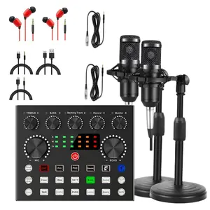 Podcast Equipment Bundle, 1 Set USB Rechargeable Audio Interface with 2 Counts Microphone & Other Accessories, for Recording & Live Streaming, Sound Card Set