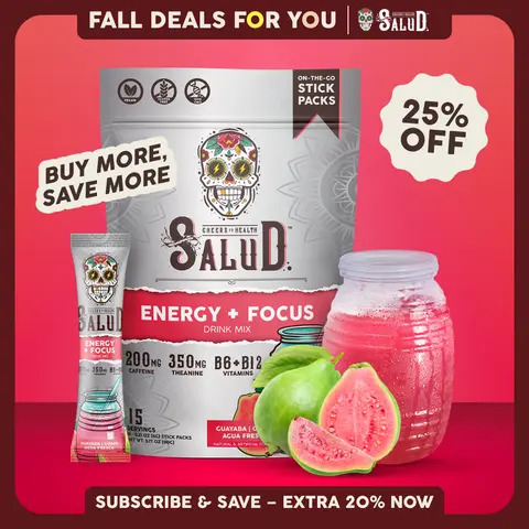Salud 2-in-1 [Energy + Focus - Guava] Clean Energy Drink Mix, Agua Fresca, Organic Caffeine, B6 & B12, L-Theanine, Drink Packets, Non-GMO, Gluten Free, Vegan, Low Calorie, 1g Sugar (15 Servings)