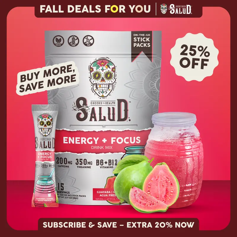 Salud 2-in-1 [Energy + Focus - Guava] Clean Energy Drink Mix, Agua Fresca, Organic Caffeine, B6 & B12, L-Theanine, Drink Packets, Non-GMO, Gluten Free, Vegan, Low Calorie, 1g Sugar (15 Servings)