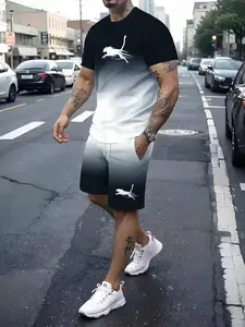 Men's two-piece set: a casual short-sleeved T-shirt with a round neck and lettering print, paired with drawstring shorts