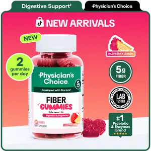 Physician’s Choice Fiber Gummies for Digestive Health & Regularity - Raspberry Lemon Flavor - No Sugar Added & Vegan - Daily Gummy for Adults