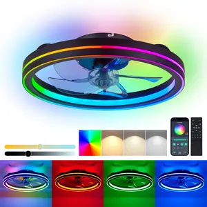 RGB Ceiling Fan with Lights, Low Profile Ceiling Fans with Lights and Remote, Flush Mount LED Fan Light, Modern Bladeless Fandelier for Bedroom Works with APP, 19IN Black