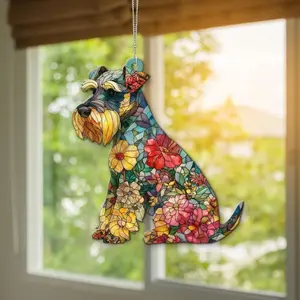 Schnauzer Floral Acrylic Suncatcher Pet Portrait Window Hanging Decor