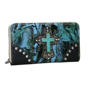 RITZ WC85-BLU-CAM Genuine Leather Western Zip-Around Cross Wallet, Blue & Camouflage Design, Scratch-Resistant, Top Zipper