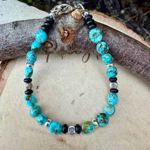 Kingman Turquoise Nugget Bracelet • Black Onyx • Sterling Silver • Evil Eye or Feather Charm