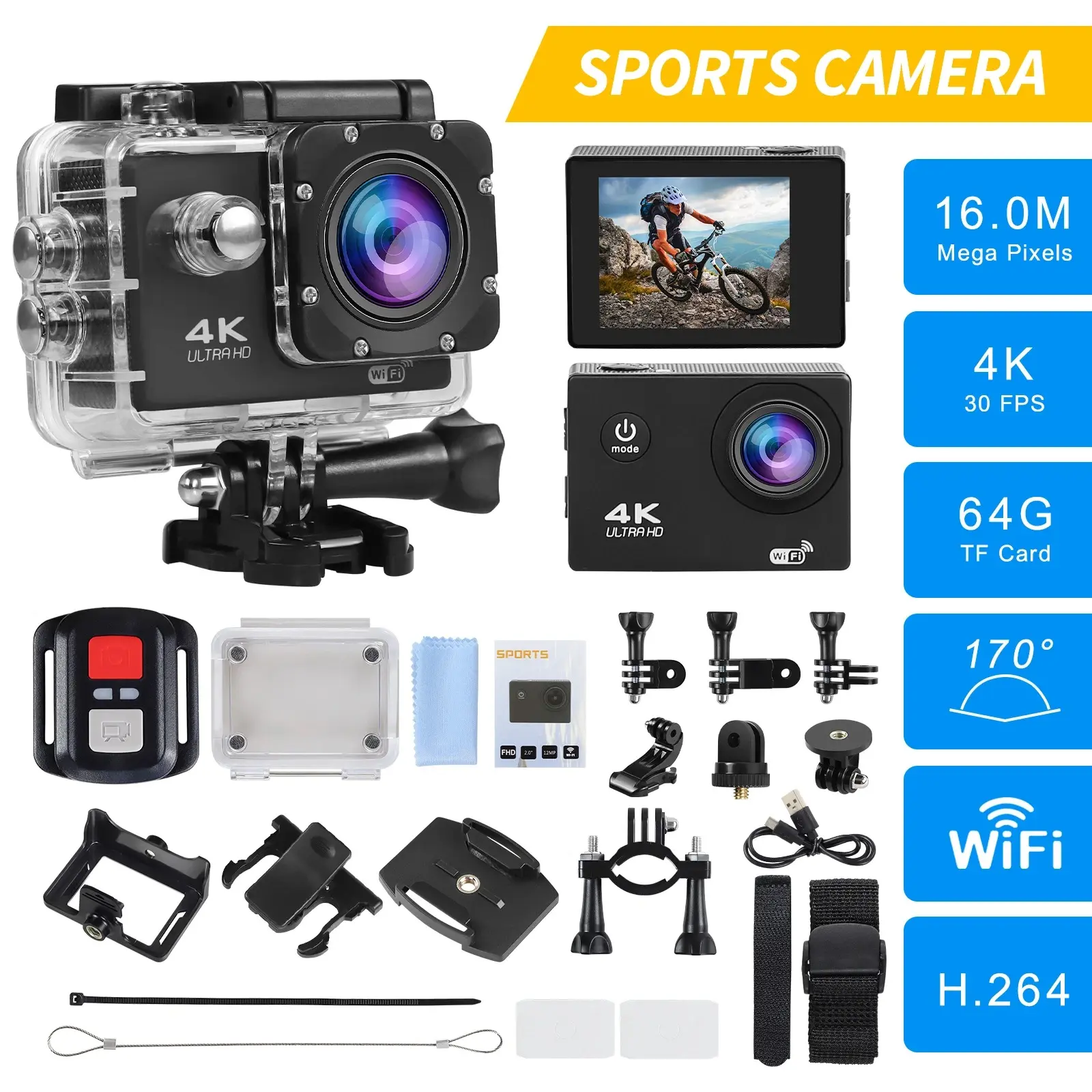4K Outdoor Sports Camera, Waterproof Body Camera with Wireless Remote, 16.0M Pixels, 30 FPS, 170° Lens, H.264, 64G TF Card for Underwater Photography