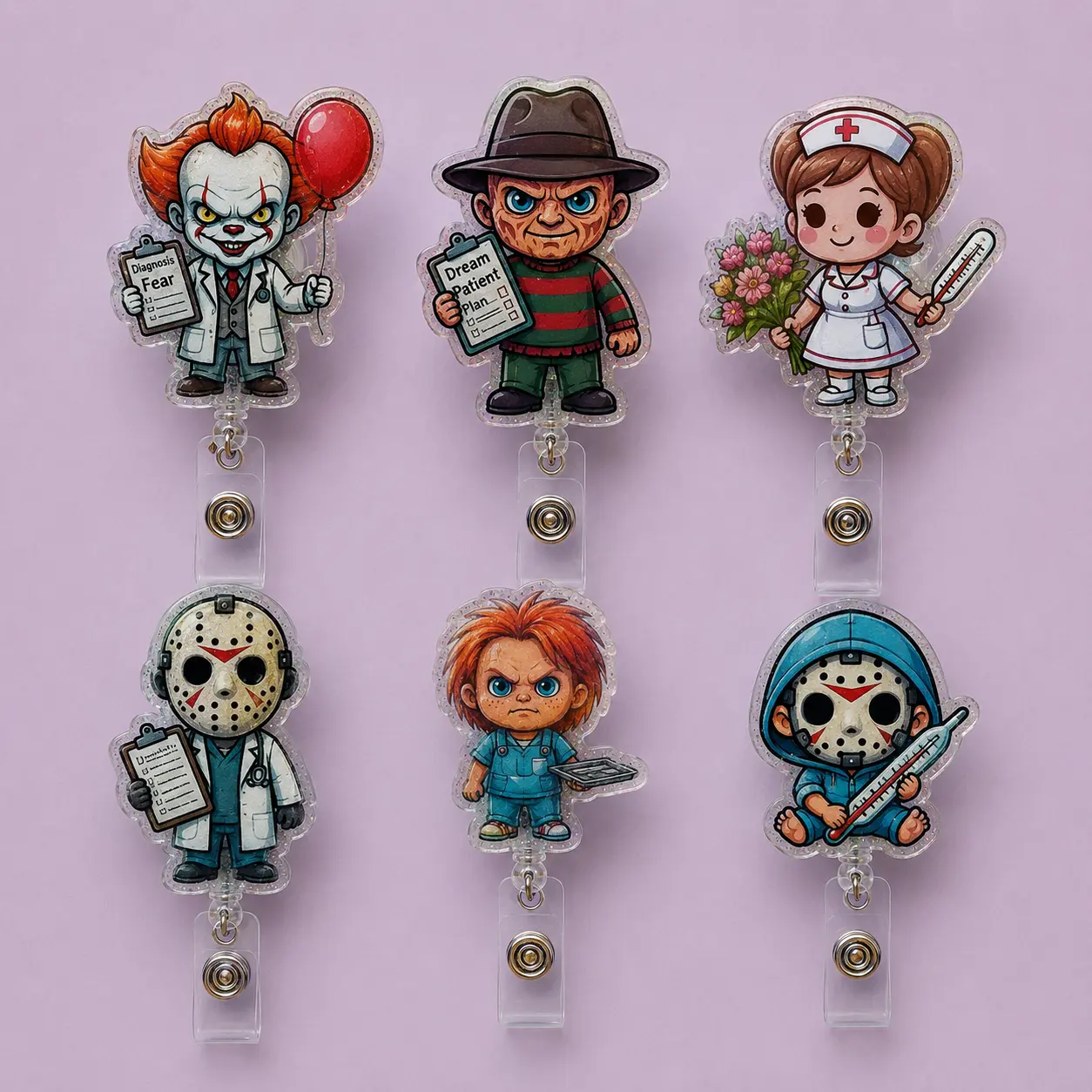 Horror Inspired Acrylic Badge Reel – Cute Creepy Character Retractable ID Holder for Nurses, Teachers, Office Staff