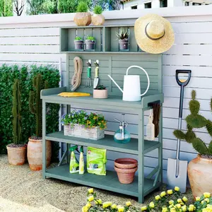 TOPMAX 65" Large Wooden Farmhouse Rustic Outdoor Potting Bench Table, Patio Workstation, Garden Potting Bench with 4 Storage Shelves and Side Hook,Green -WF285323AAF