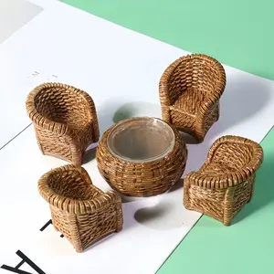 5-piece Zen mini-suit-bamboo resin furniture, used for home decoration, glass bottle plants, DIY | Asian inspired craft collection and desktop decoration, small room furniture, Decorative Figurines